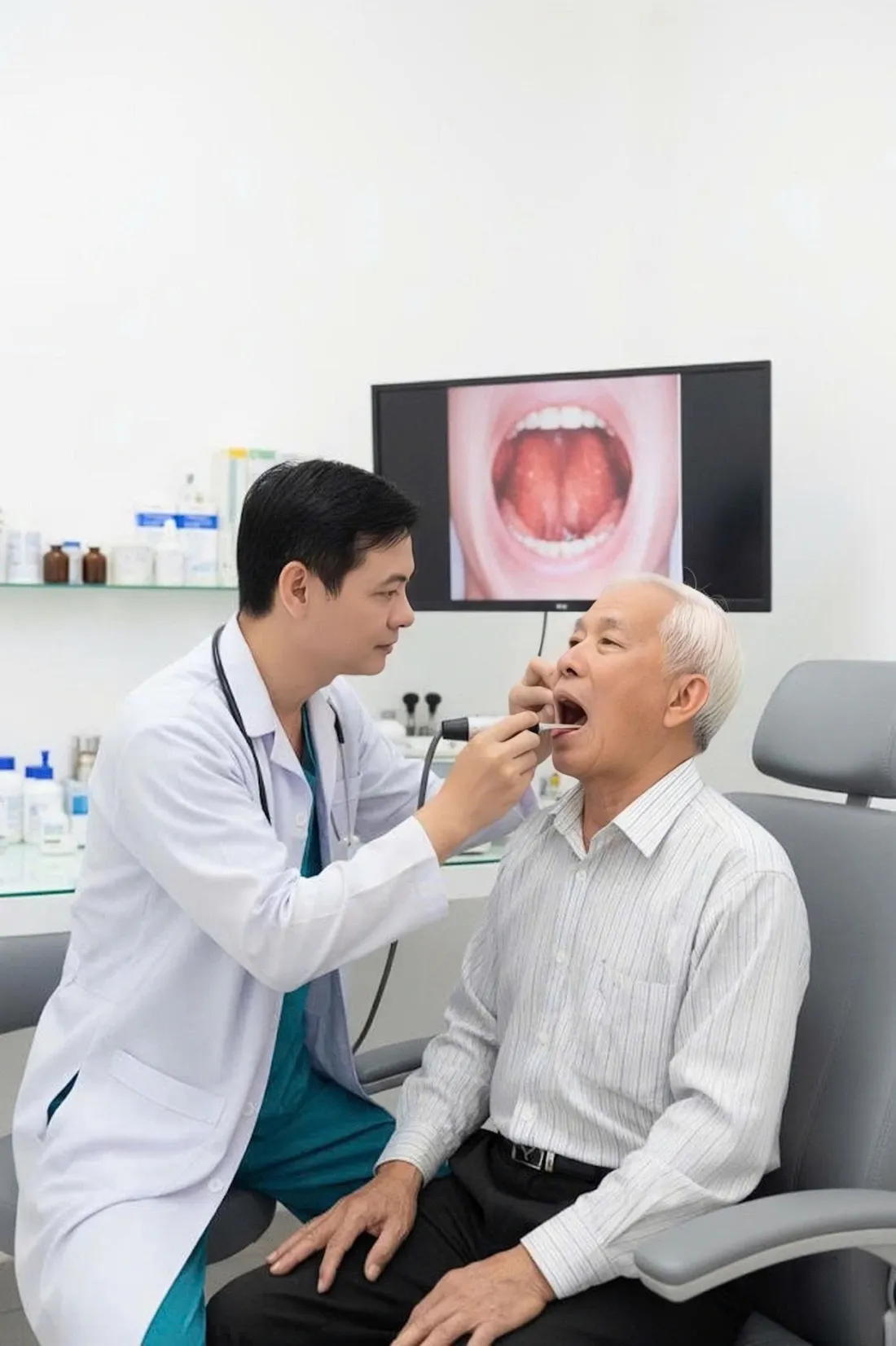 Bác sĩ Thái đang thăm khám họng cho bệnh nhân